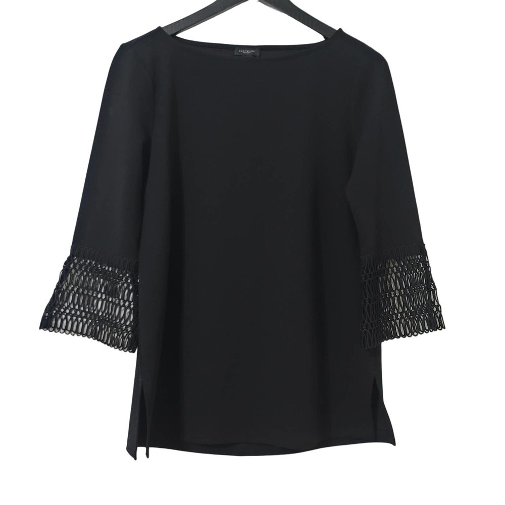 Ann Taylor Top Black Laser Cut 3/4 Sleeve Split‎ Hem Boat Neck Preppy XS